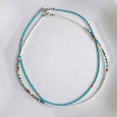 No.149 ビーズネックレス　ハンドメイド　重ね付け2個セット ターコイズ色