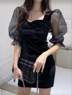 DAZY スイートハートネック コントラストメッシュ パフスリーブ ドレス