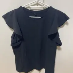 UNIQLO ラッフルスリーブT ブラック フリル袖 Tシャツ L