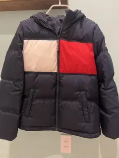 男女兼用ダウンジャケット フード付き ネイビー 赤