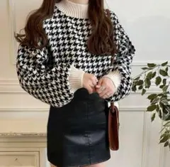 ​GRL ウール混 厚手 千鳥格子柄ニット 韓国風 ショート丈 ボトルネック M