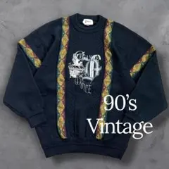 90s VINTAGE DOLCE レトロ刺繍 ウール混ニット 46 黒 茶