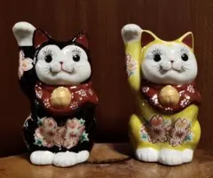 九谷焼　招き猫　４号　ブラック＆イエロー　釉桜２点セット　新品　箱付き　美品 九谷焼 招き猫 4号 ブラック＆イエロー 釉桜2点セット 新品 箱付き