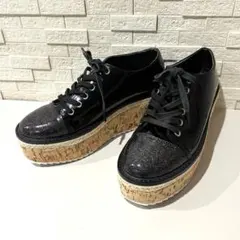 美品 厚底 エナメル コルクソール ラメトゥ レースアップ プラットフォーム