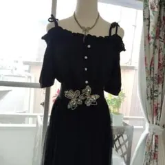 ブラックオフショルダードレス 蝶のビジュー付 蝶々ベルト付き 社交ダンスドレス