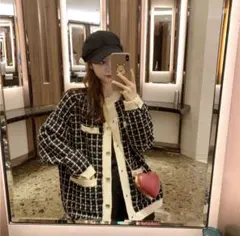 レディース　ツイード柄　ニットカーディガン　ニット　トップス　ブラック　黒　F