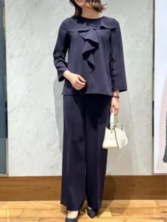 ANAYI 新品タグ付　ストレッチクロスアシメフリル ブラウス38 ネイビー