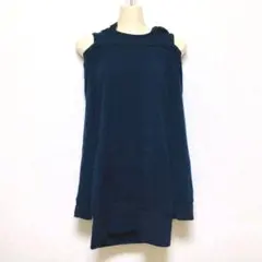 フード付き肩あきトップス オフショルダー 薄いニット カジュアル 藍色 紺色