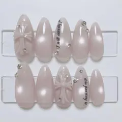 【現品】ネイルチップ 韓国風 マグネット シンプル クロムパーツ ピンクビジュー