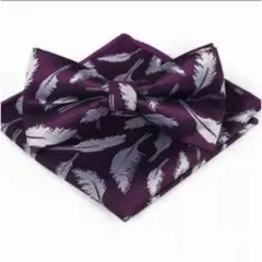 蝶ネクタイ　チーフ 2点セット 結婚式　ワンタッチ　パープル色　シルバー色　小物