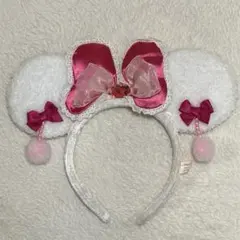 ミニー カチューシャ ホワイト ピンクリボン ポンポン ディズニー　イヤリング