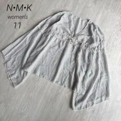 【N•M•K】ドット柄 Vネック ブラウス L 白 黒 フレアスリーブ 透け感