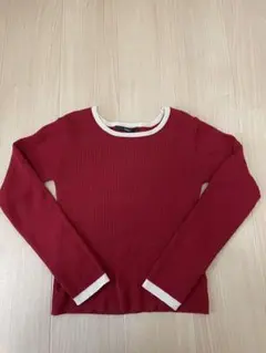 赤 リブ編み 長袖セーター