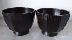 木製 古代亀甲汁椀スリ漆黒2客(かゆ椀 お茶漬け椀)