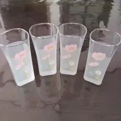 花柄ガラスコップ (一口ビール)4個セット　昭和レトロ