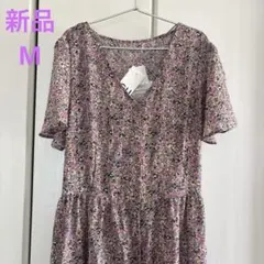 GU 花柄 Vネック 半袖 ロングワンピース　M