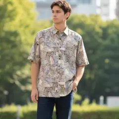 新品タグ付き 綿100％ 総柄　昭和レトロ 半袖シャツヴィンテージM