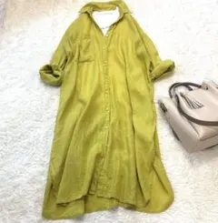 ZARA✨リネン100% オーバーサイズ ロングシャツワンピース イエロー S