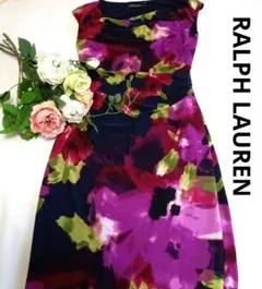美品【ラルフローレン】ストレッチ　ノースリーブマルチ花柄カクテルドレスワンピ　S