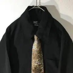 【個性派古着】ネクタイ付き　長袖デザインシャツ　しわ加工　黒　花柄　メンズ M