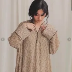 @【38】Bab カフタン パイピング シースルー 長袖 ワンピース