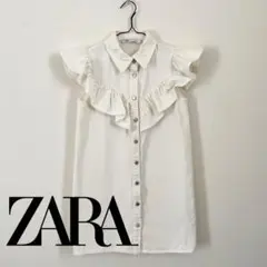 ★美品★ZARA フリル付きシャツワンピース ホワイト デニムワンピ ミニワンピ