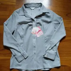 【新品・未使用】事務ブラウスストライプシャツ（長袖）ネイビー Lサイズ　11号