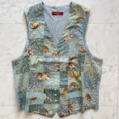 希少✨PINK HOUSE パッチワークベスト　花柄×クマ　森ガール　ブルー系