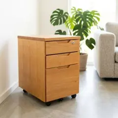 天然木 デスクワゴン 鍵付き キャスター付 3段 サイドチェスト