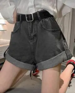 ダークグレー ハイウエストデニムショートパンツ