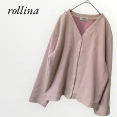 ロリーナ カーディガン ジャケット リブ Vネック ピンク ストライプ 長袖