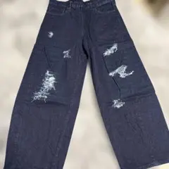 セルフダメージ加工 ダークブルー ワイドレッグデニム　バルーン