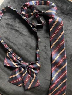 ネイビー赤金ストライプリボンネクタイセット