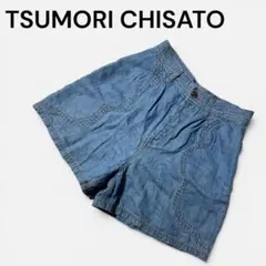 美品✨ツモリチサト デニムショートパンツ 花柄ステッチ 麻混のサムネイル