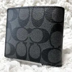 美品✨COACH コーチ シグネチャー 二つ折り財布 レザー ブラック メンズ
