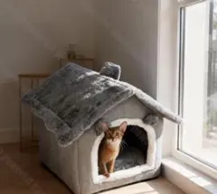 ペットハウス 家型　犬 猫用　ベッド グレーのサムネイル