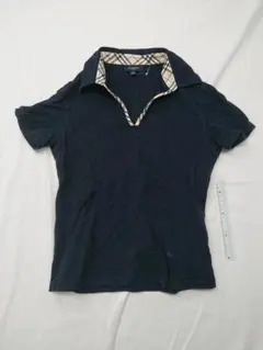 ▲バーバリー LONDON チェック襟 コットンポロシャツ ネイビー系 Mサイズ