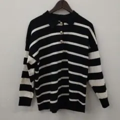(1) ZARA ストライプ 長袖ポロシャツ Mサイズ