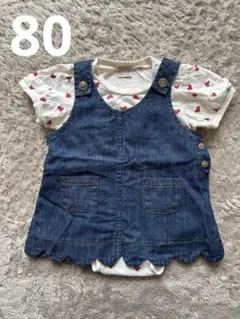 即購入OK！petit main デニムワンピースロンパースセット80cm