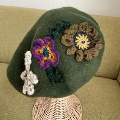 バラ色の帽子　ベレー　ベレー帽　お花　グリー　毛糸　フェルトベレー