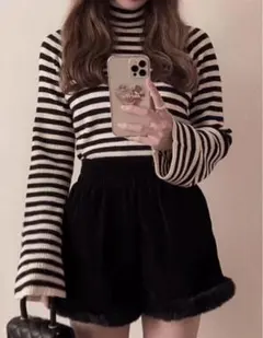 ボーダー柄フレアスリーブリブニットトップス［K9086b］