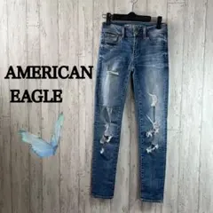 アメリカンイーグル/スキニー/デニム/ダメージ/ブルー/US00/S相当