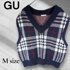 【GU】Vネックチェック柄ニットベスト M ネイビー レイヤード 春服 着回し◎