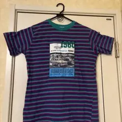プリント 半袖Tシャツ 紫緑ストライプ