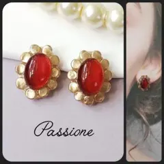 【一点物】レッドマグ＆ゴールドフラワーオーバル ピアス/イヤリング