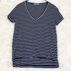 ザラ ZARA Vネック ボーダー Tシャツ カットソー 半袖 ネイビー マリン