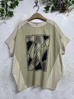 403新品　異素材切り替えスクエアブロック柄カットソー