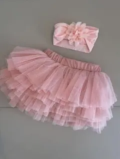 新品 ピンクチュールフリルスカートとヘアバンドセット　ベビー服　ベビードレス