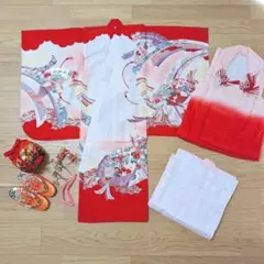 七五三セット 3歳 正絹 着物 女の子 赤 扇柄 レトロ アンティーク