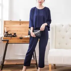 DRESS+ 3点セット L ネイビー ケープ風ブラウス パンツ ワンピース